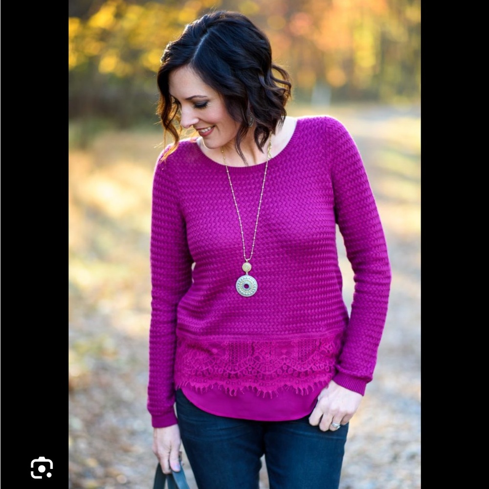 Lucky Brand Embroidered Hem Maroon Sweater With Lace Detail- Large